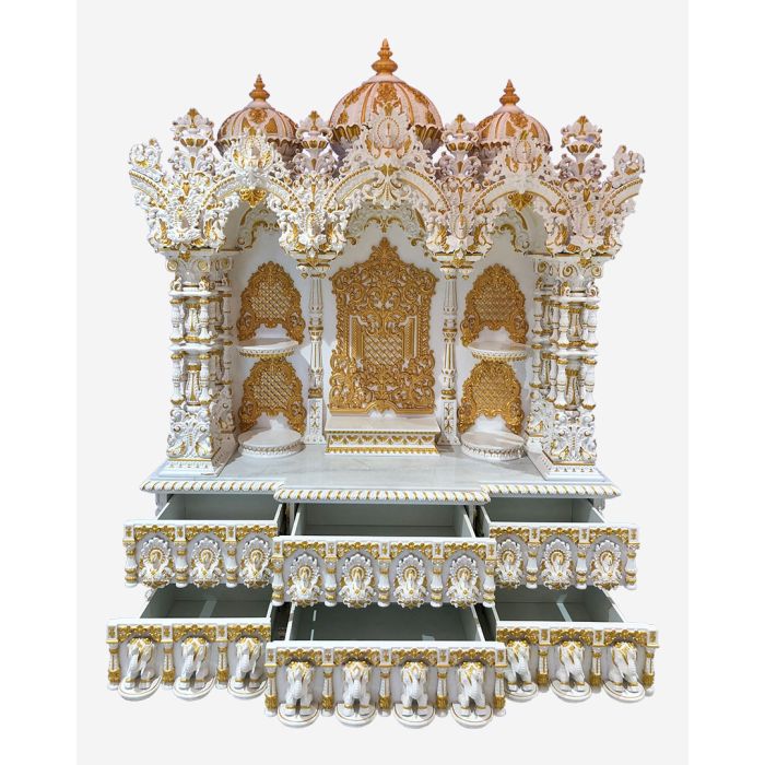 Wooden Mandir (Teak) - White & Gold Polish
