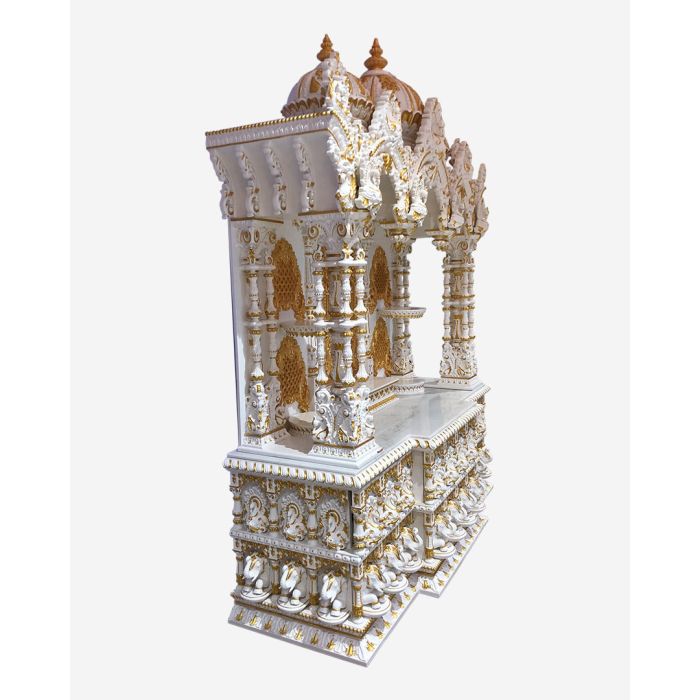 Wooden Mandir (Teak) - White & Gold Polish